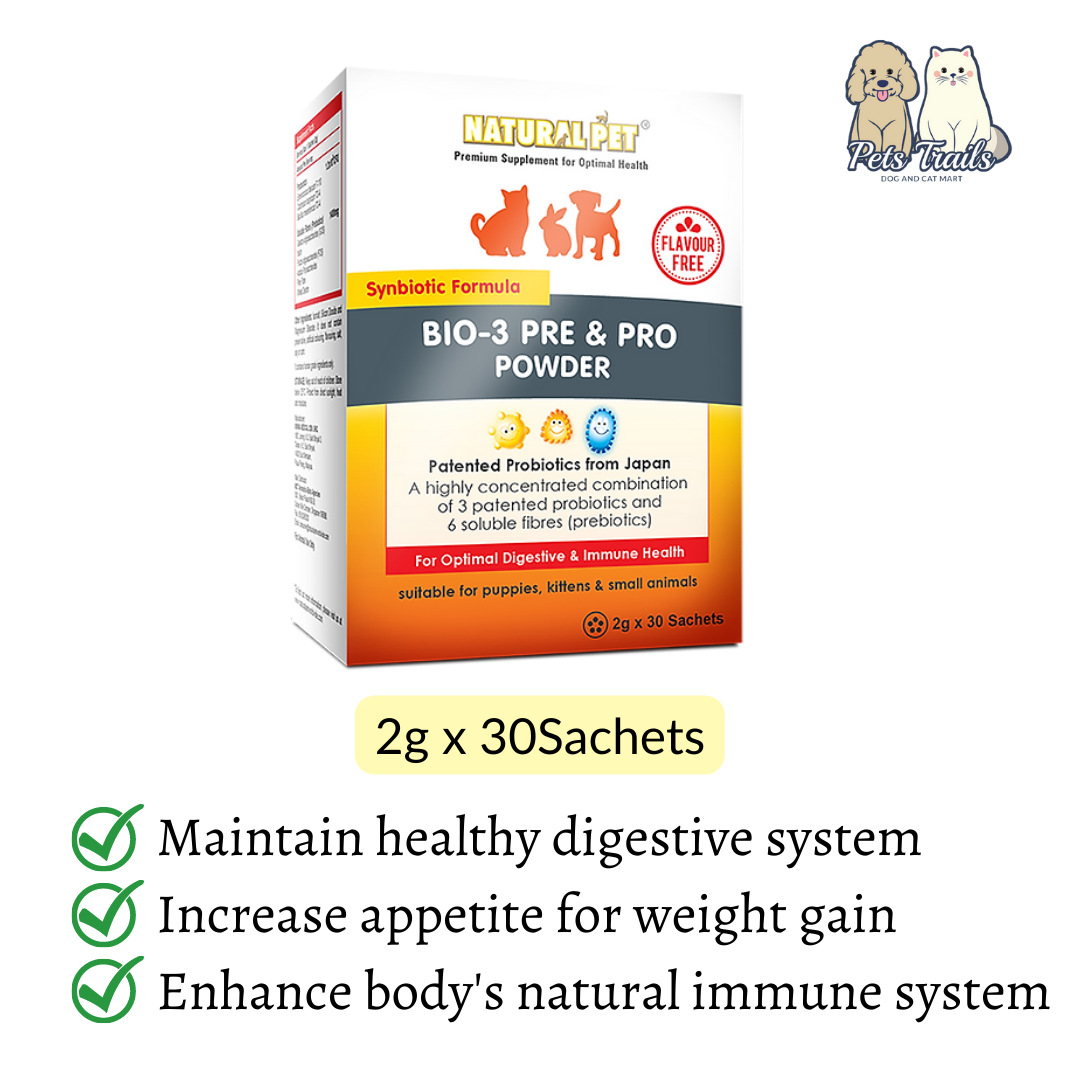 Natural Pet Probiotic BIO-3 PRE & PRO Powder Dog & Cat Flavour Free 2g ...